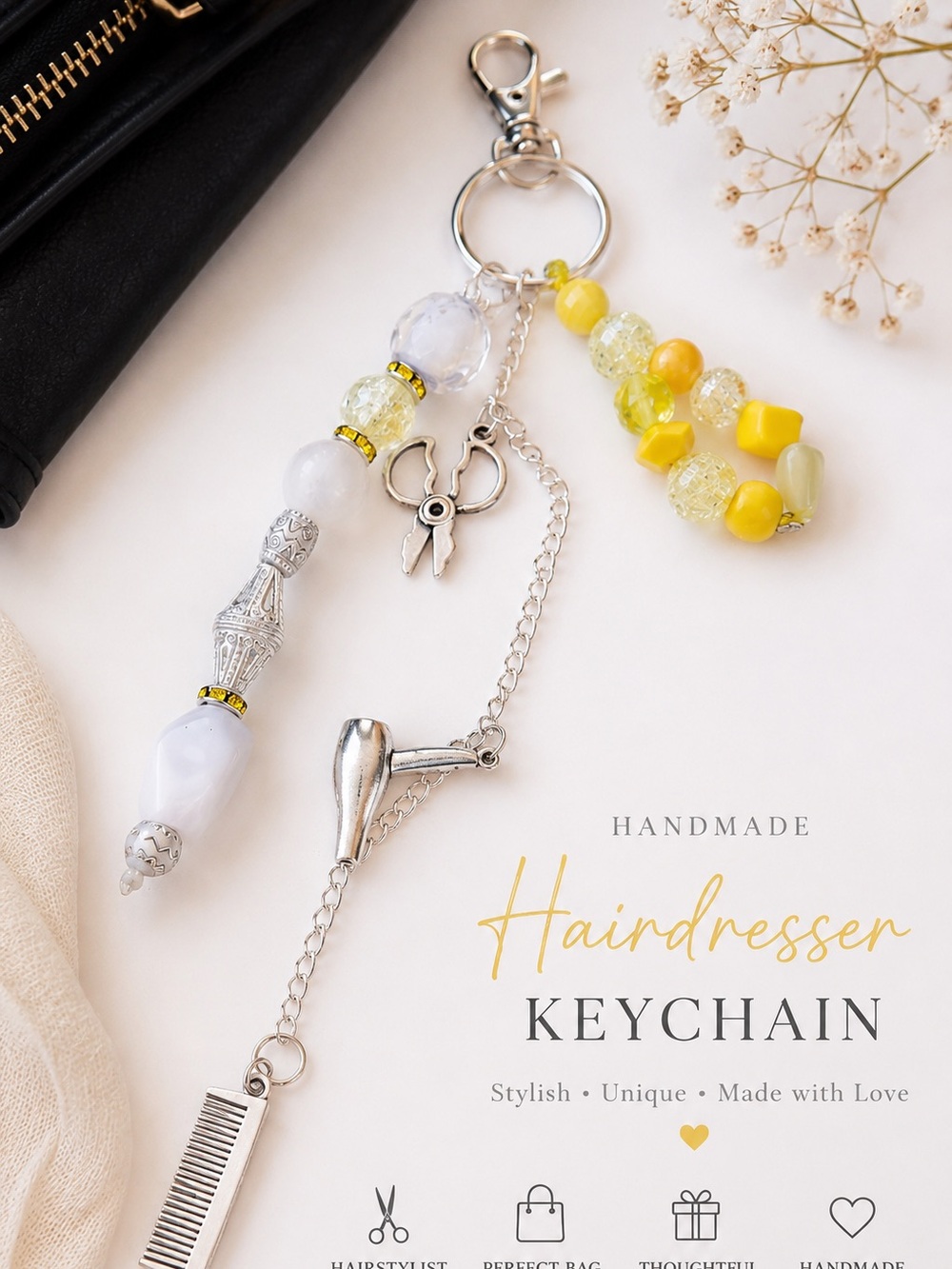 Handmade Hairdresser Keychain - Yellow & White